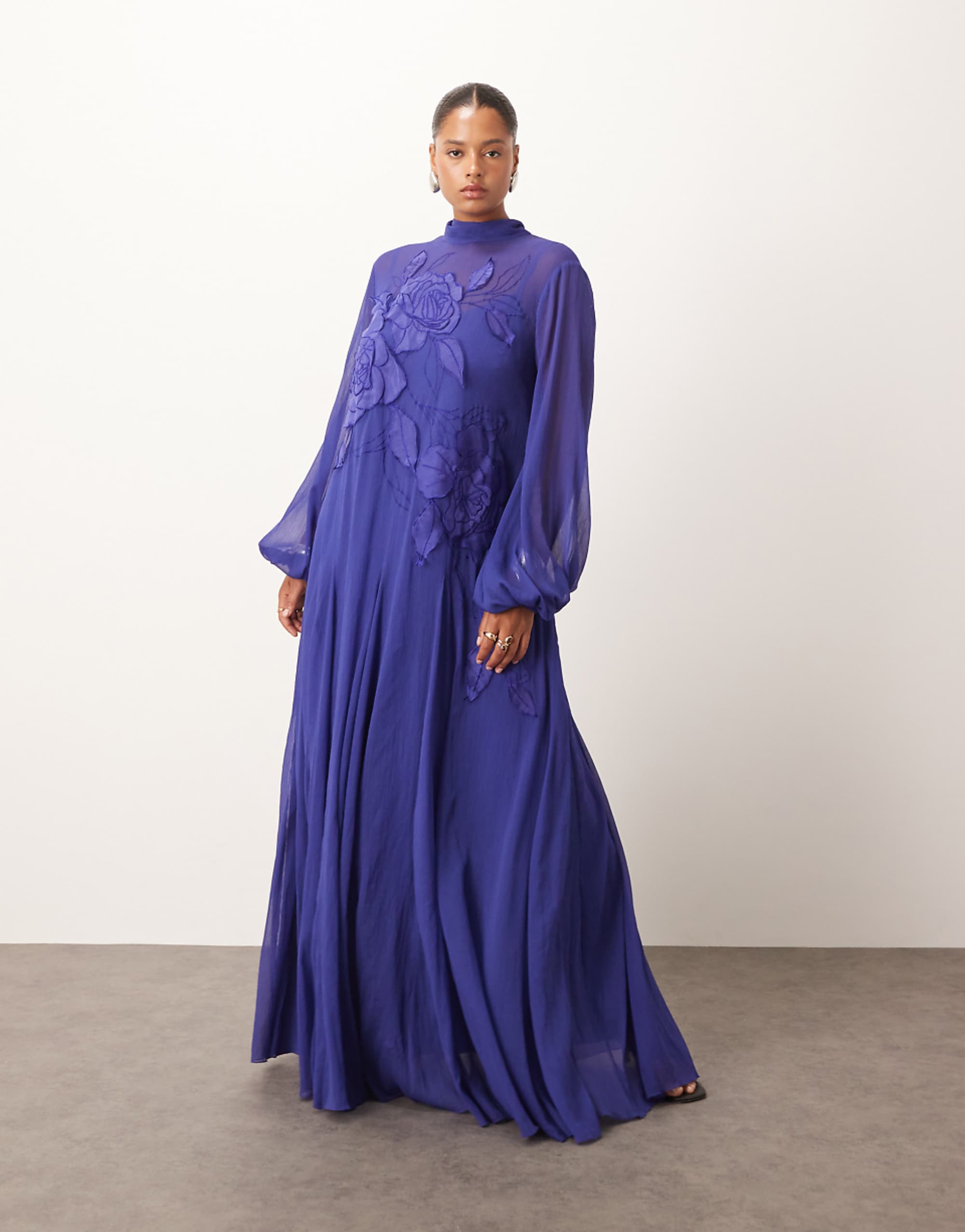 Arrange Curve Applique Floral Tie Neck Blouson Sleeves Trapeze Maxi Dress in Cobalt Blue