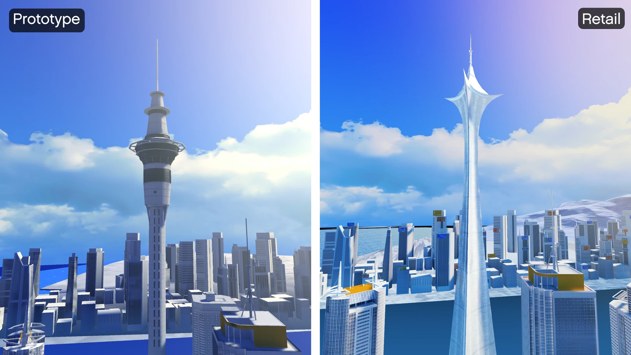 A side-by-side view comparing a skyline in the final version and prototype build of Mirror's Edge.