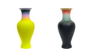 1 vase in yellow and violet colour and 1 vase in black, grey, red colour