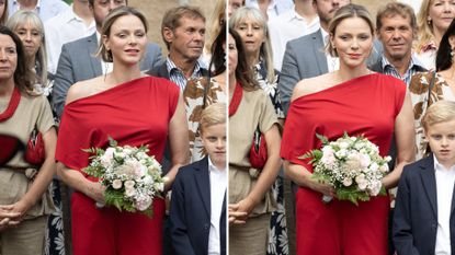 Composite of two pictures of Princess Charlene of Monaco wearing a red jumpsuit and holding flowers at the Monaco annual picnic