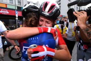 EPERNAY FRANCE JULY 26 Cecilie Uttrup Ludwig of Denmark stage winner and Grace Brown of Australia and Team Fdj Nouvelle Aquitaine Futuroscope celebrate the victory of his teammate during the 1st Tour de France Femmes 2022 Stage 3 a 1336km stage from Reims to pernay TDFF UCIWWT on July 26 2022 in Epernay France Photo by Dario BelingheriGetty Images
