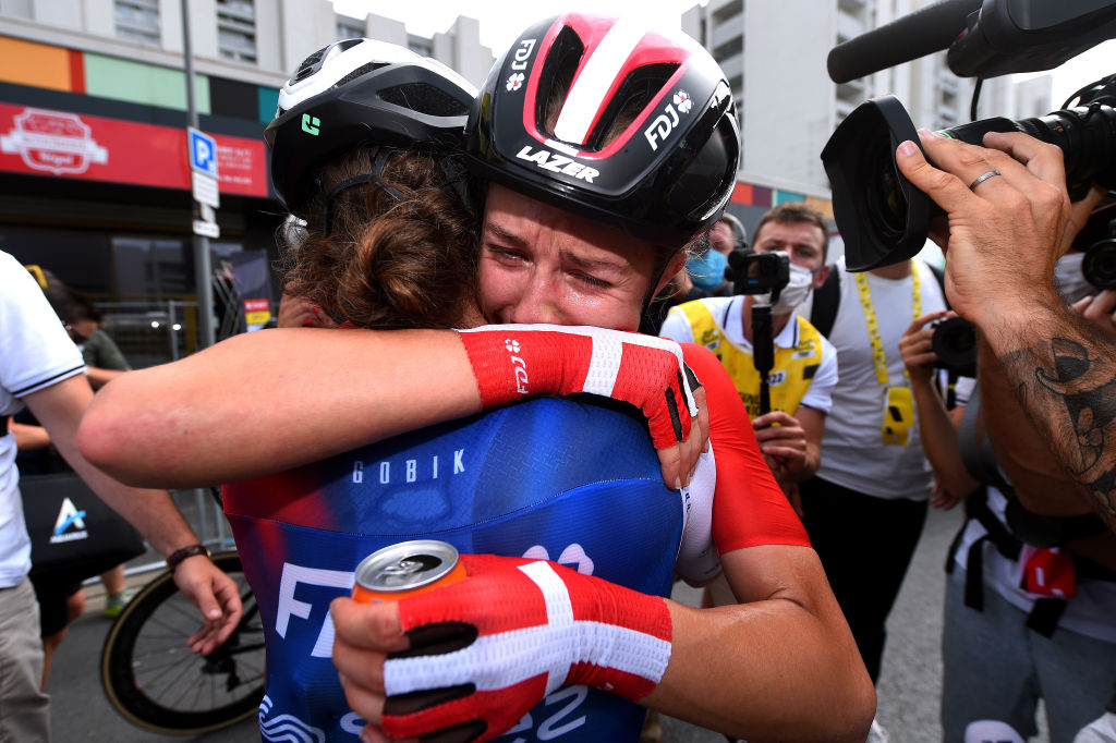 EPERNAY FRANCE JULY 26 Cecilie Uttrup Ludwig of Denmark stage winner and Grace Brown of Australia and Team Fdj Nouvelle Aquitaine Futuroscope celebrate the victory of his teammate during the 1st Tour de France Femmes 2022 Stage 3 a 1336km stage from Reims to pernay TDFF UCIWWT on July 26 2022 in Epernay France Photo by Dario BelingheriGetty Images