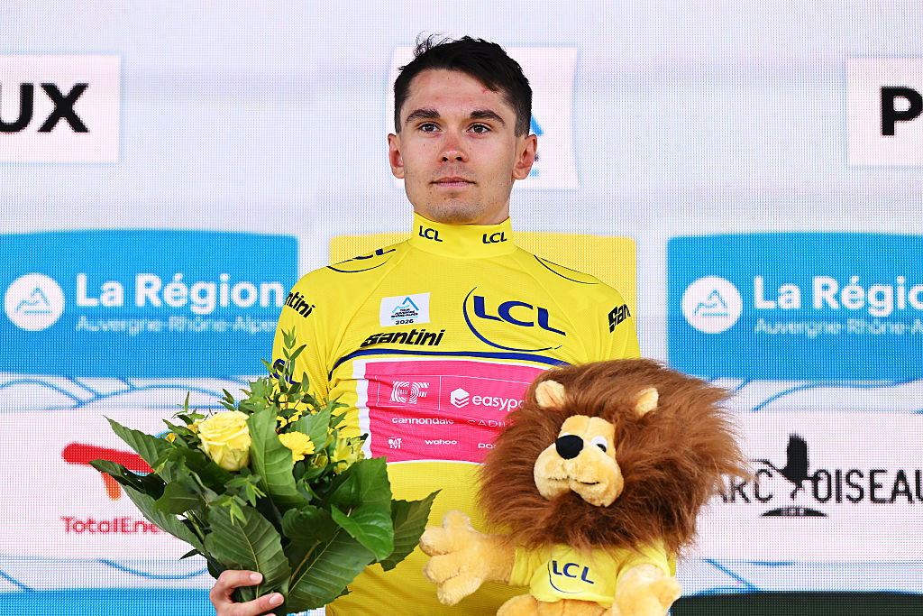 PERREUX, FRANCE - JUNE 09: Alex Baudin of France and Team EF Education - EasyPost celebrates at podium as Yellow Leader Jersey winner during the 78th Tour Auvergne-Rhone-Alpes 2026, Stage 3 a 28.4km team time trial stage from Perreux to Perreux / #UCIWT / on June 09, 2026 in Perreux, France. (Photo by Dario Belingheri/Getty Images)
