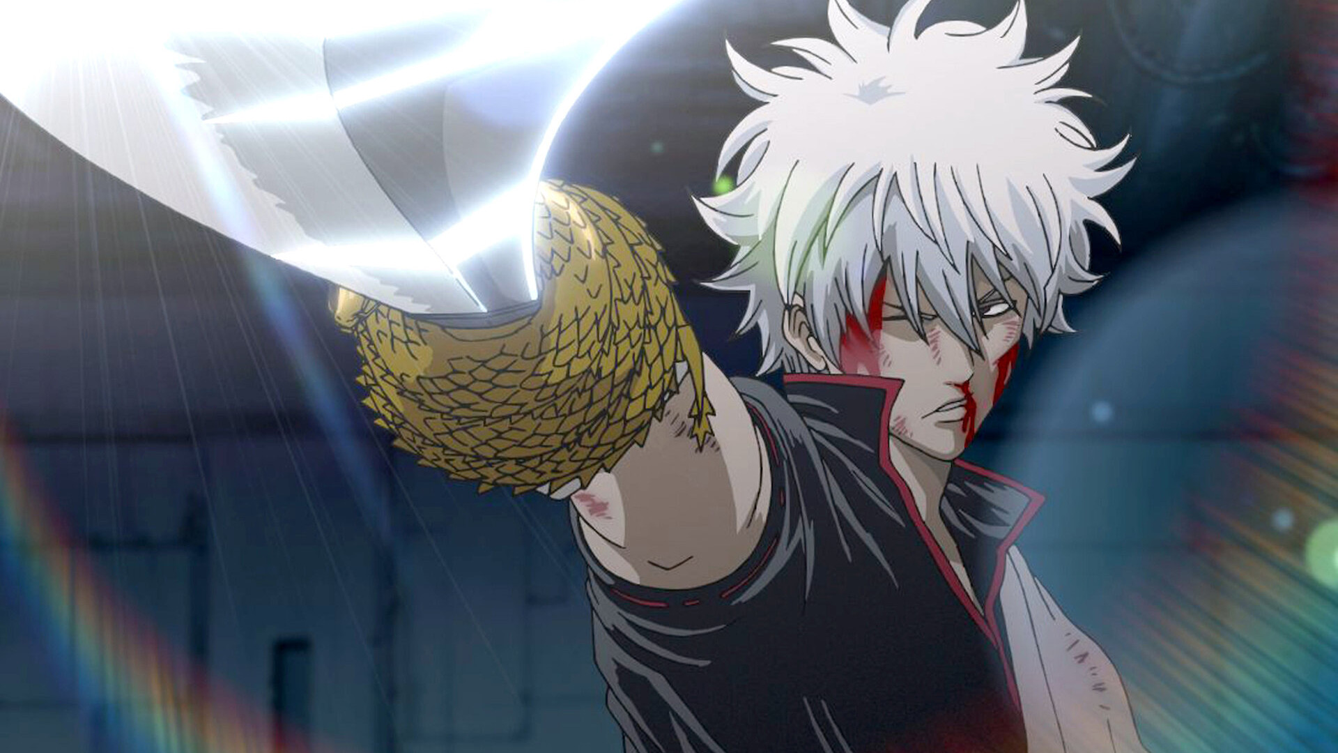 Kotaro Katsura with blood on his face, holding up a sword during a scene in Gintama: The Movie