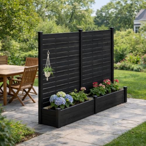 Kozyard 2pack Privacy Screen With Planter, 70" H X 51" W Outdoor Garden Screen, Waterproof Aluminum Frame With Thick Wood-Plastic Boards, Decorative Privacy Screen for Patio, Balcony &amp;amp; Backyard Gray