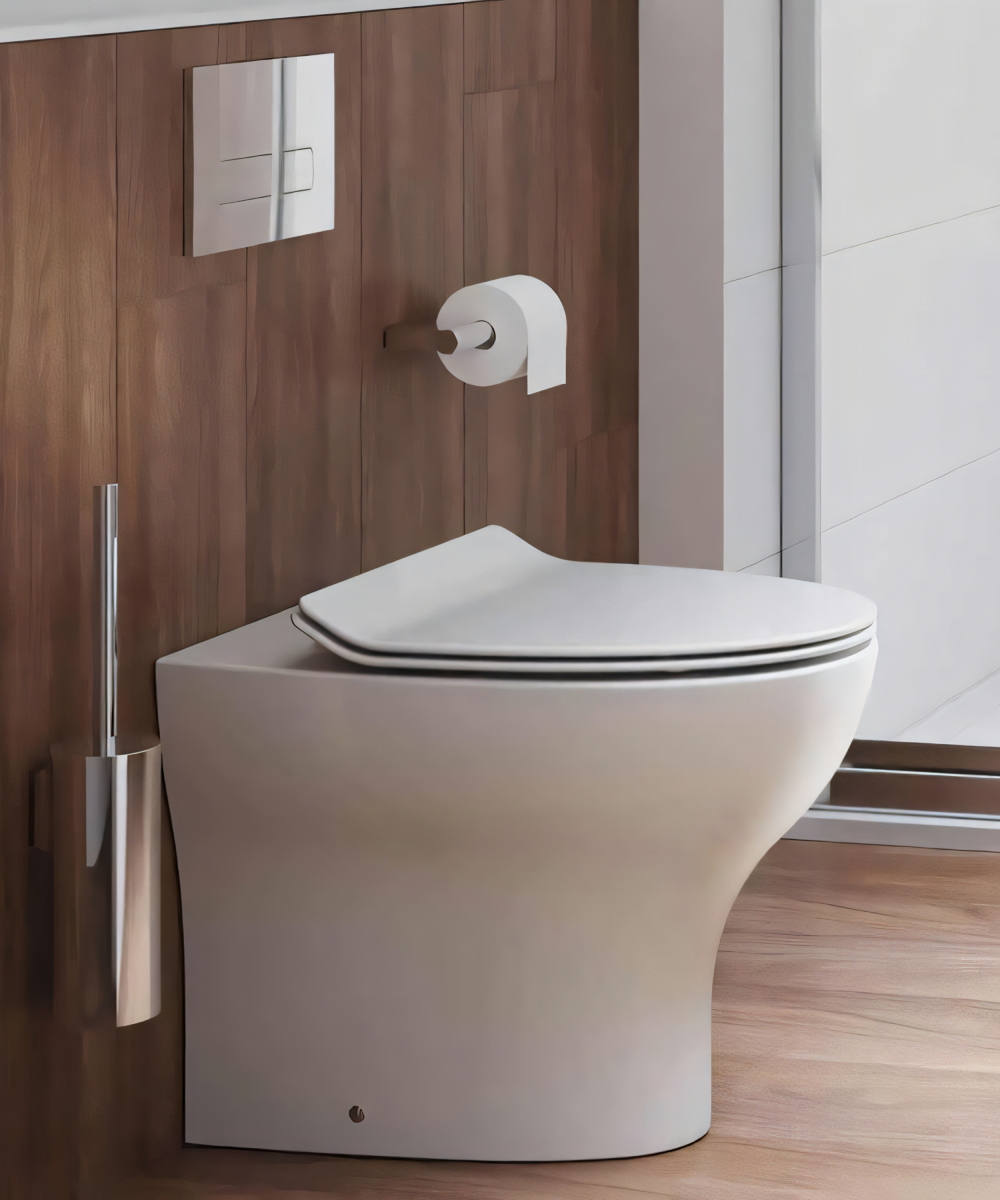back to wall toilet with silver chrome dual flush