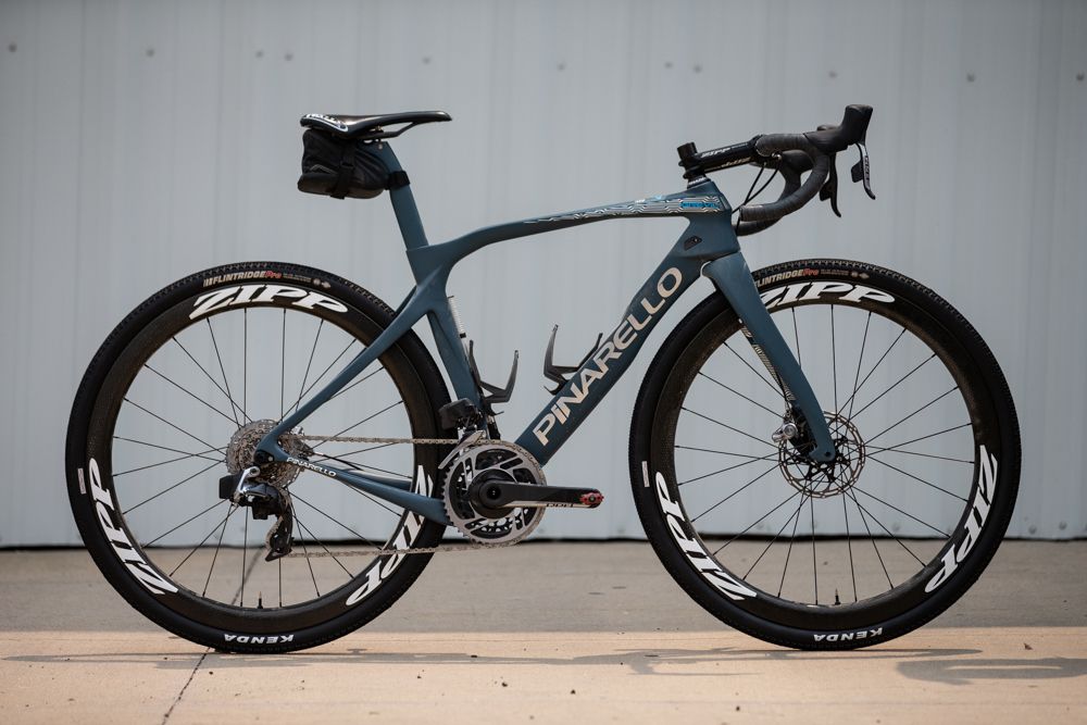 The Hagens-Berman Axeon team switched to Pinarello this year, and that support includes the new Grevil mixed-surface ride. SRAM RED AXS eTap and ZIPP 303 tubeless wheels round out a very desirable build