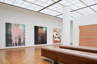 Installation view of ‘Wade Guyton: Zwei Dekaden MCMXCIX–MMXIX’ at Museum Ludwig, Cologne