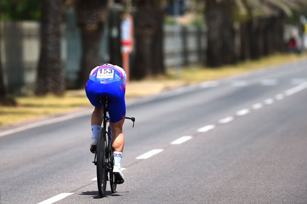 CAGLIARI ITALY JUNE 30 Kristen Faulkner of United States and Team BikeExchange Jayco sprints during the 33rd Giro dItalia Donne 2022 Stage 1 a 47km individual time trial stage from Cagliari to Cagliari ITT GiroDonne UCIWWT on June 30 2022 in Cagliari Italy Photo by Dario BelingheriGetty Images