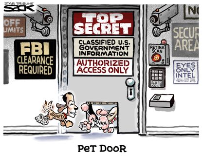 Political Cartoon U.S. Trump security clearance Pet door Ivanka Jared