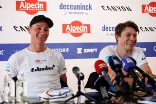Mathieu van der Poel and Jasper Philipsen were all smiles at Alpecin-Deceuninck's pre-Paris-Roubaix press conference on Friday