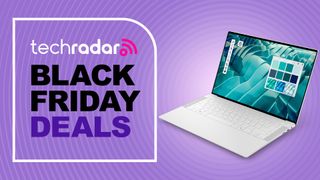 A Dell 14 Premium against a purple TechRadar Black Friday Deals background