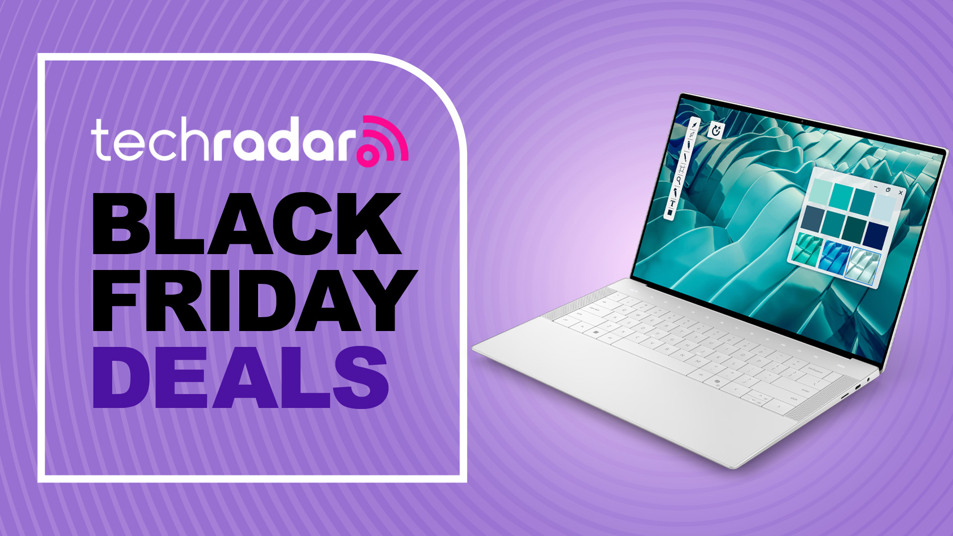 A Dell 14 Premium against a purple TechRadar Black Friday Deals background