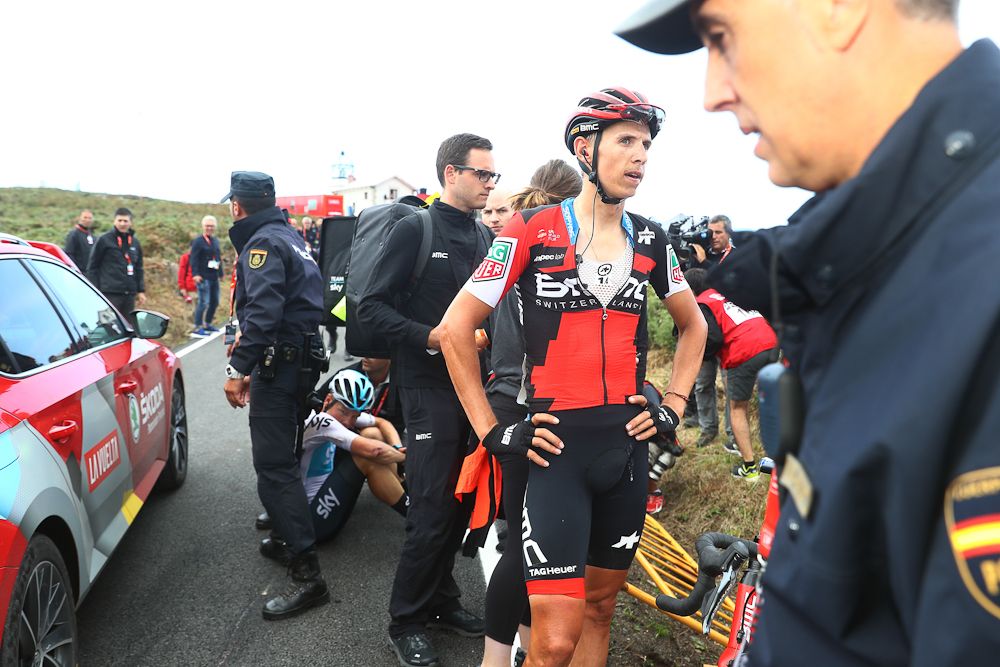 Dylan Teuns recovers from the post-finish crash on stage 12 at the Vuelta