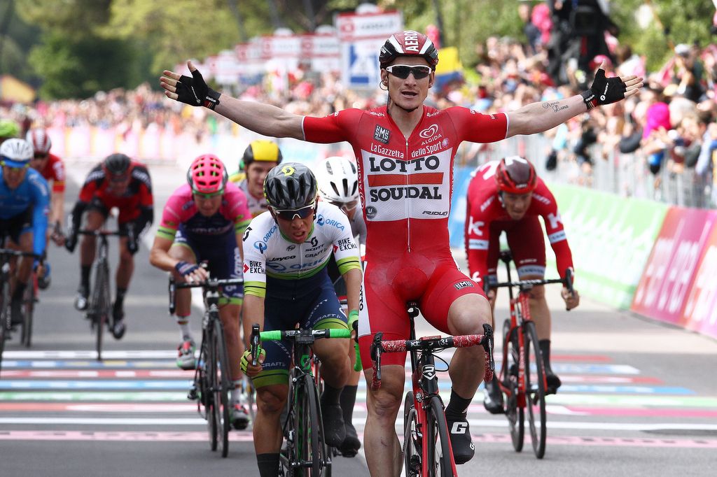 Greipel celebrates as Caleb Ewan (Orica-GreenEdge) wonders what could have been