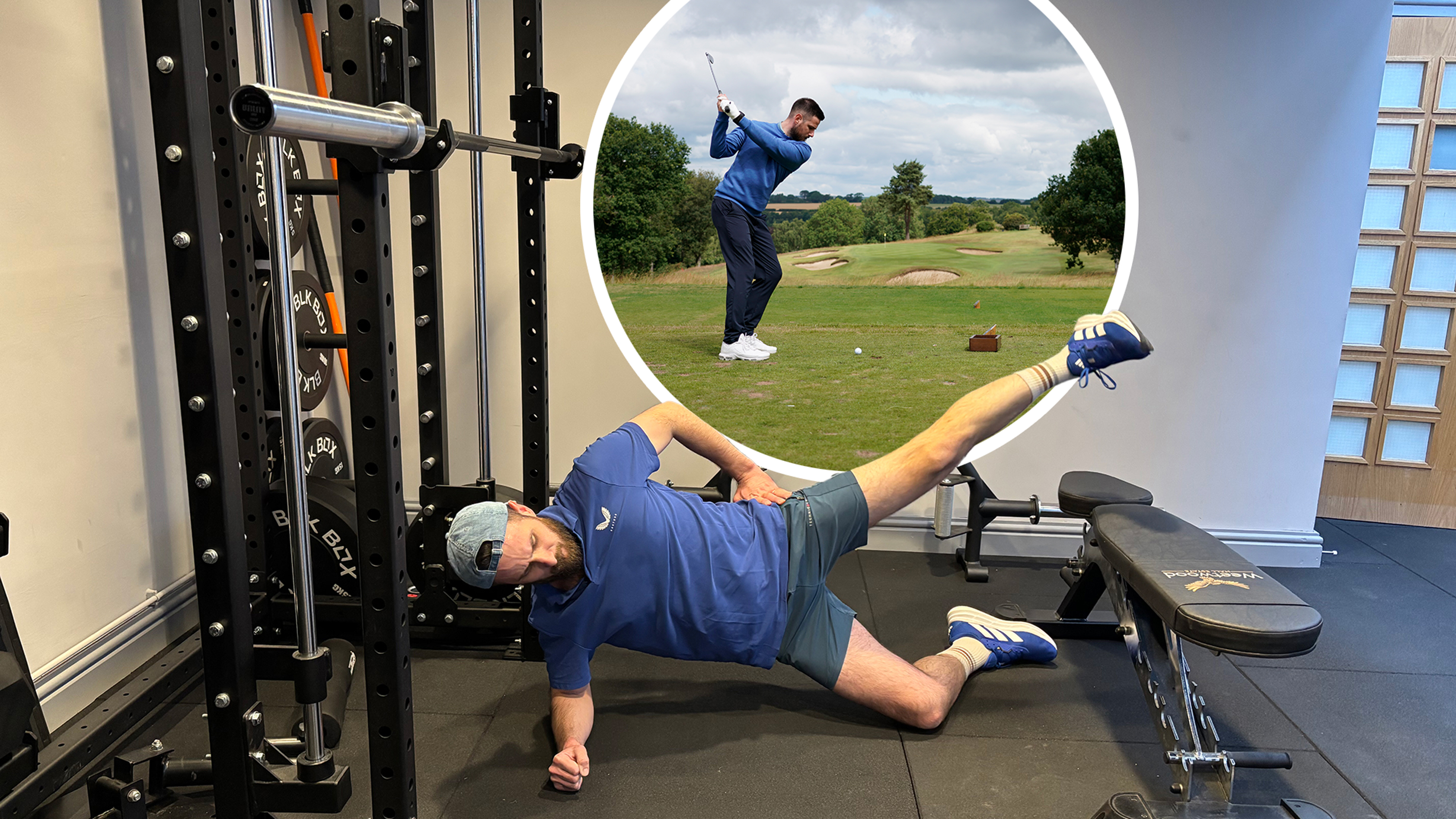 Baz Plummer performing a golf exercise in the gym, with an inset image of him playing a round of golf at Sand Moor Golf Club