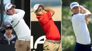 Yubin Jang, Lee Chieh-po and Frederik Kjettrup hitting drives