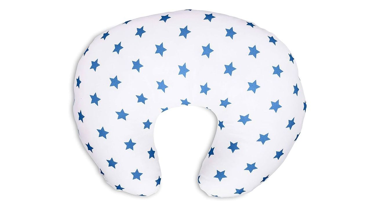 The Widgey 5-in-1 Nursing Pillow with blue star print on a white background