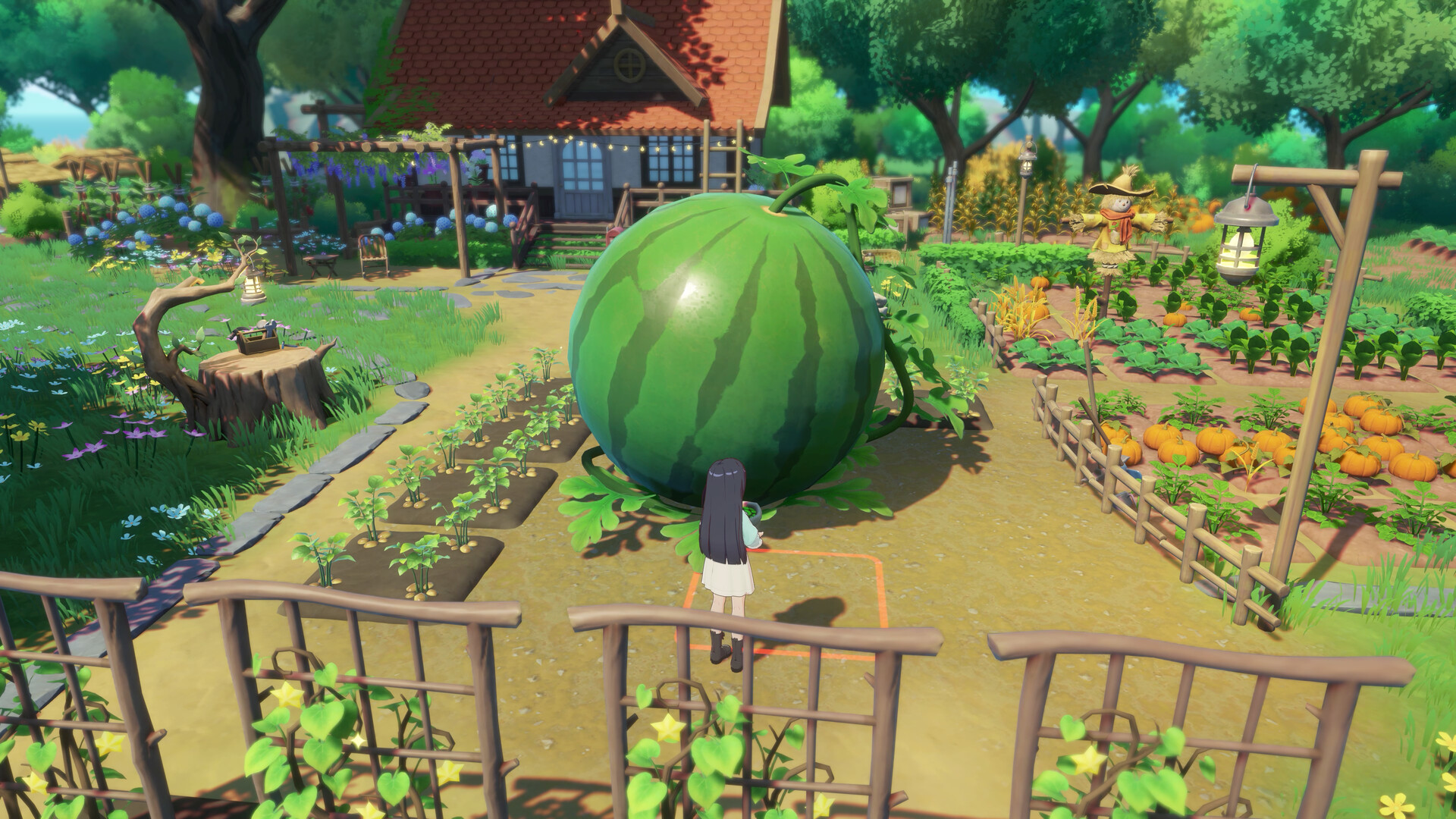 A giant melon towering over the protagonist on a farm in Starsand Island