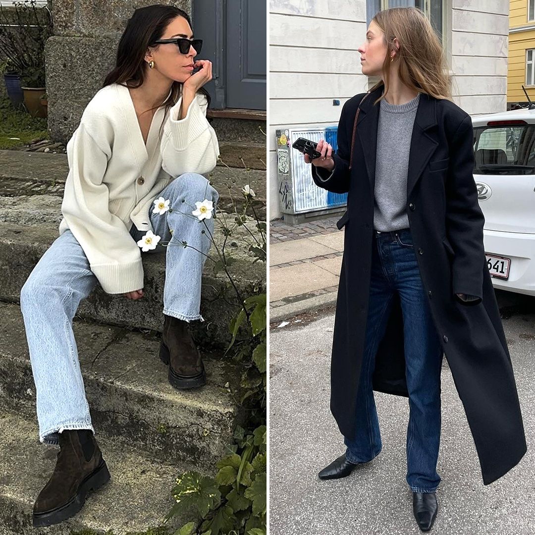 fashion collage of two style influencer Jessica Skye and Clara Dyrhauge wearing chic outfits with a sweater, jeans, and boots for 2026