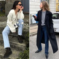 fashion collage of two style influencer Jessica Skye and Clara Dyrhauge wearing chic outfits with a sweater, jeans, and boots for 2026