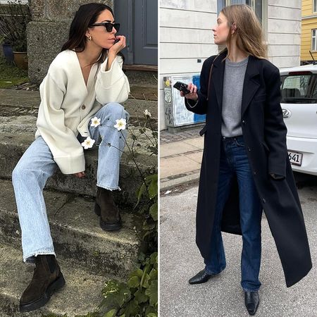 fashion collage of two style influencer Jessica Skye and Clara Dyrhauge wearing chic outfits with a sweater, jeans, and boots for 2026
