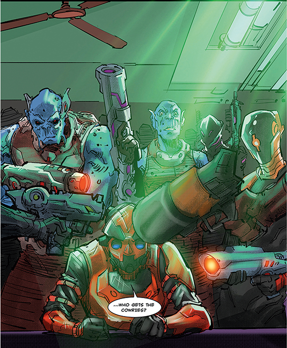 African comics; monsters point weapons at a robot