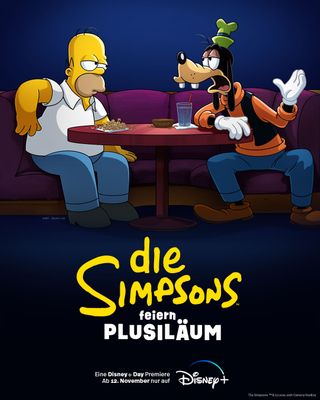 Homer Simpson und Goofy auf dem Poster für das Simpsons Plusiläum