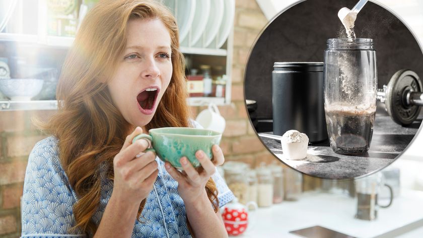 An image of a woman experiencing sleep deprivation, she&#039;s standing in a kitchen holding a cup of coffee and yawning widely. In the top right corner, a picture of creatine powder being added to water in a workout bottle, a dumbbell in the background