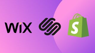 Wix and Squarespace and Shopify logos on a purple background