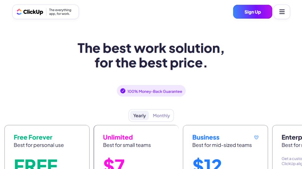 ClickUp website screenshot (May 2025).