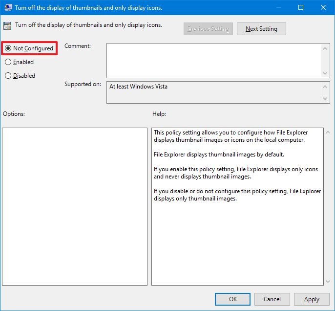 Turn off the display of thumbnails and only display icons (Disabled)