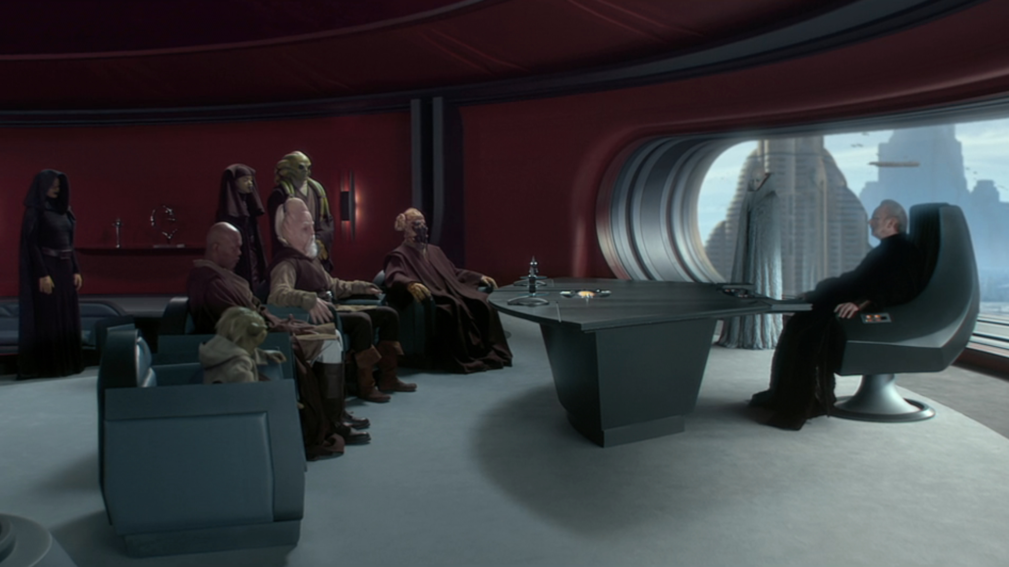 Jedi speak with Supreme Chancellor Palpatine in Star Wars: Episode II - Attack of the Clones.