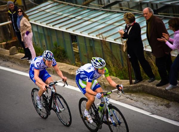 Vincenzo Nibali leads Steve Chainel in a desperate bid for victory on the Poggio.