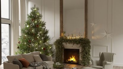 Christmas tree and garland in stylish, modern living room