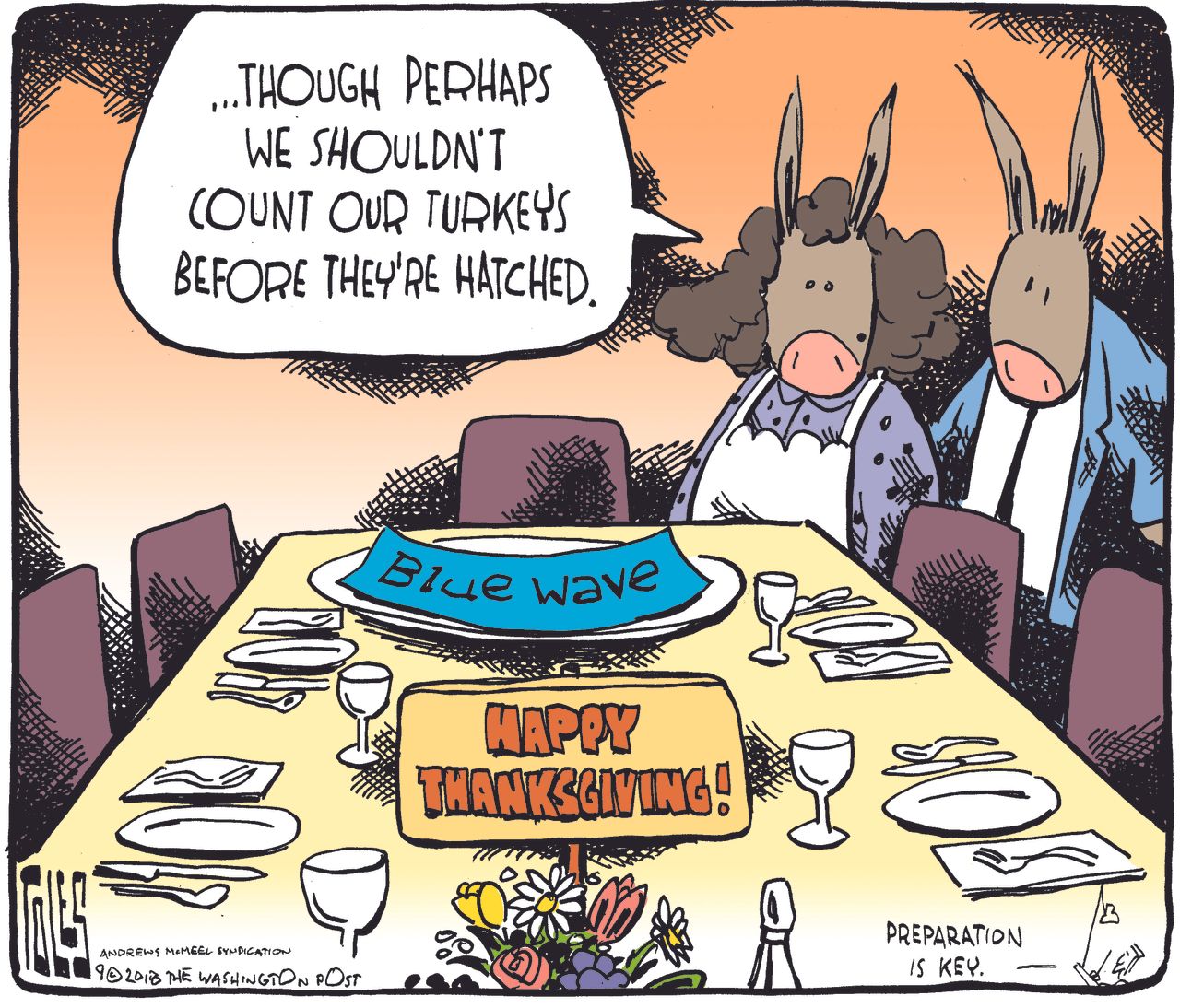 Political cartoon U.S. blue wave Democrats midterm elections Thanksgiving