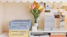 Amazon organizers, MONKISS Pastel Crates on desk in bedroom with flowers and desk accessories