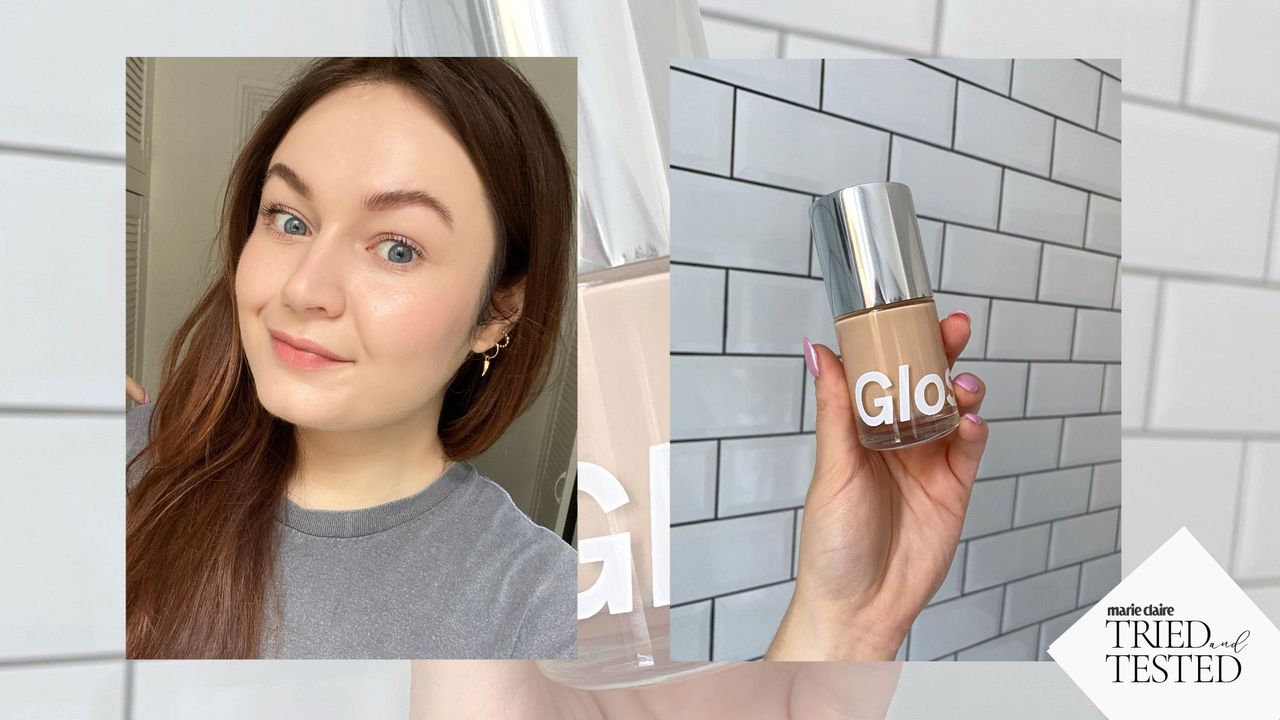 Beauty journalist Lucy Abbersteen wearing Glossier Stretch Fluid Foundation next to an image of her holding the bottle against some white bathroom tiles