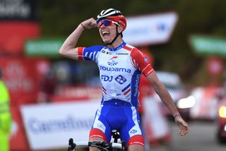 ALTO DE LA FARRAPONA LAGOS DE SOMIEDO SPAIN OCTOBER 31 Arrival David Gaudu of France and Team Groupama FDJ Celebration during the 75th Tour of Spain 2020 Stage 11 a 170km stage from Villaviciosa to Alto de La Farrapona Lagos de Somiedo 1708m lavuelta LaVuelta20 La Vuelta on October 31 2020 in Alto de La Farrapona Lagos de Somiedo Spain Photo by David RamosGetty Images