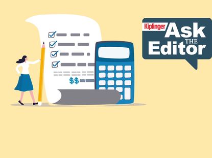 Ask the Editor logo plus woman holding pencil, with checklist and calculator