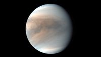 venus, with its mottled tan-and-brown atmosphere, is seen against the blackness of space