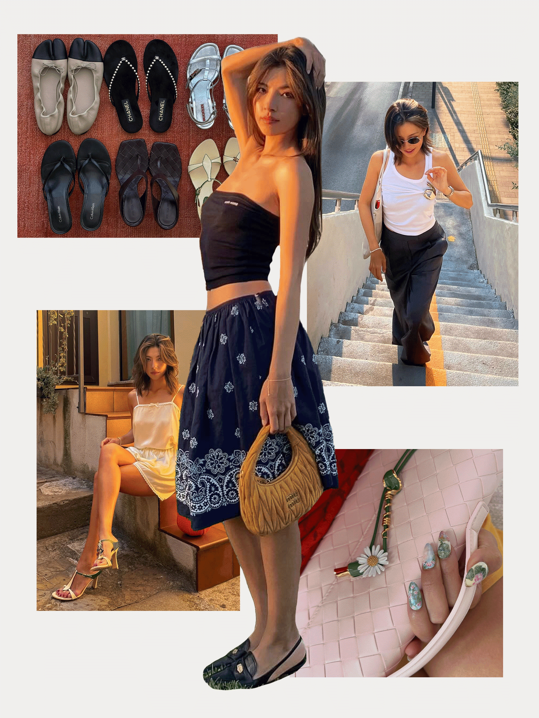 A collage of Lily Muni He in her personal time wearing vintage Prada, Coperni, Miu Miu, and Bottega Veneta.
