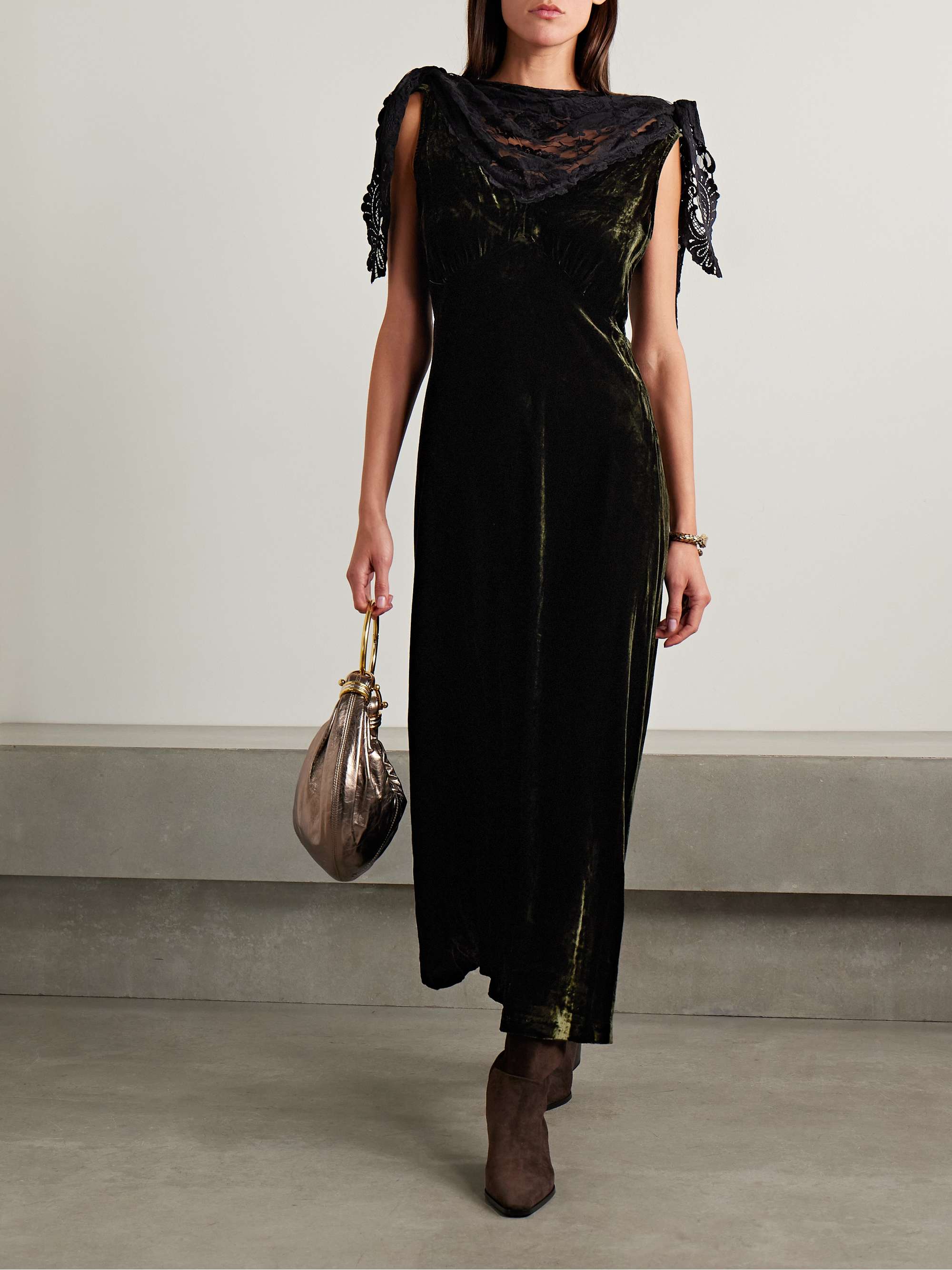 Norabelle Lace-Trimmed Crushed-Velvet Maxi Dress