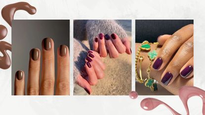 A collage of classy autumn nail looks: on the left is a hand with soft, mocha-brown nails by nail artist Mateja Novakovic (@matejanova), followed by a picture of hands with burgundy nails and on the right, a hand with plum nails, both created by manicurist Julia Diogo (@paintedbyjools) in a grey and white template with two nail polish spills.