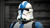 A close up of the helmet of a 501st clone trooper, modded into Helldivers 2.