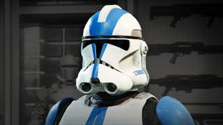 A close up of the helmet of a 501st clone trooper, modded into Helldivers 2.