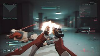 The player shoots at an opponent with twin pistols, as their adversary dives to the right, preparinng to swing a katana in retaliation.