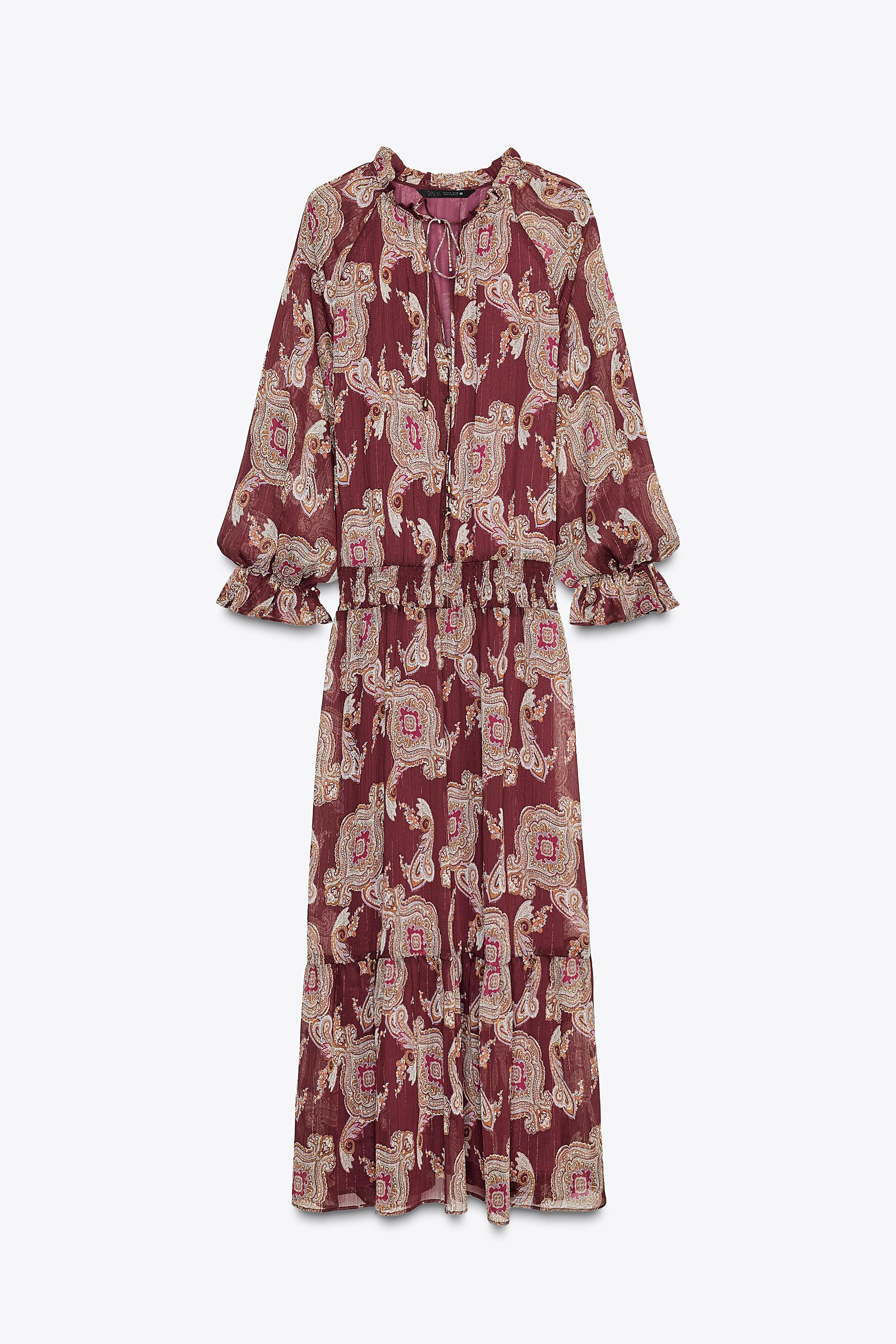 Long Printed Dress With Metallic Thread