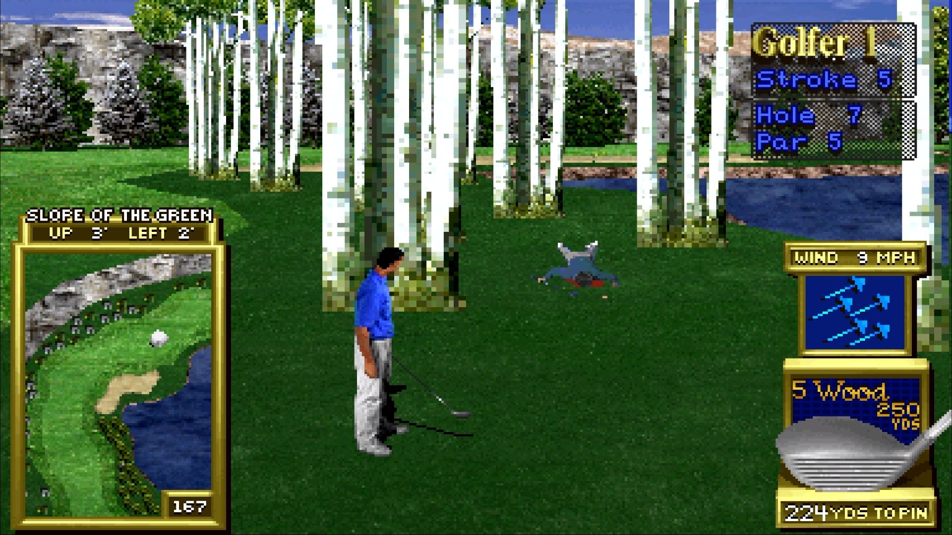 A dead body in Golden Tee 99, with blood