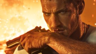 Grand Theft Auto VI screenshot which depicts Lucas wiping blood away from a cut lip, as something explodes behind him